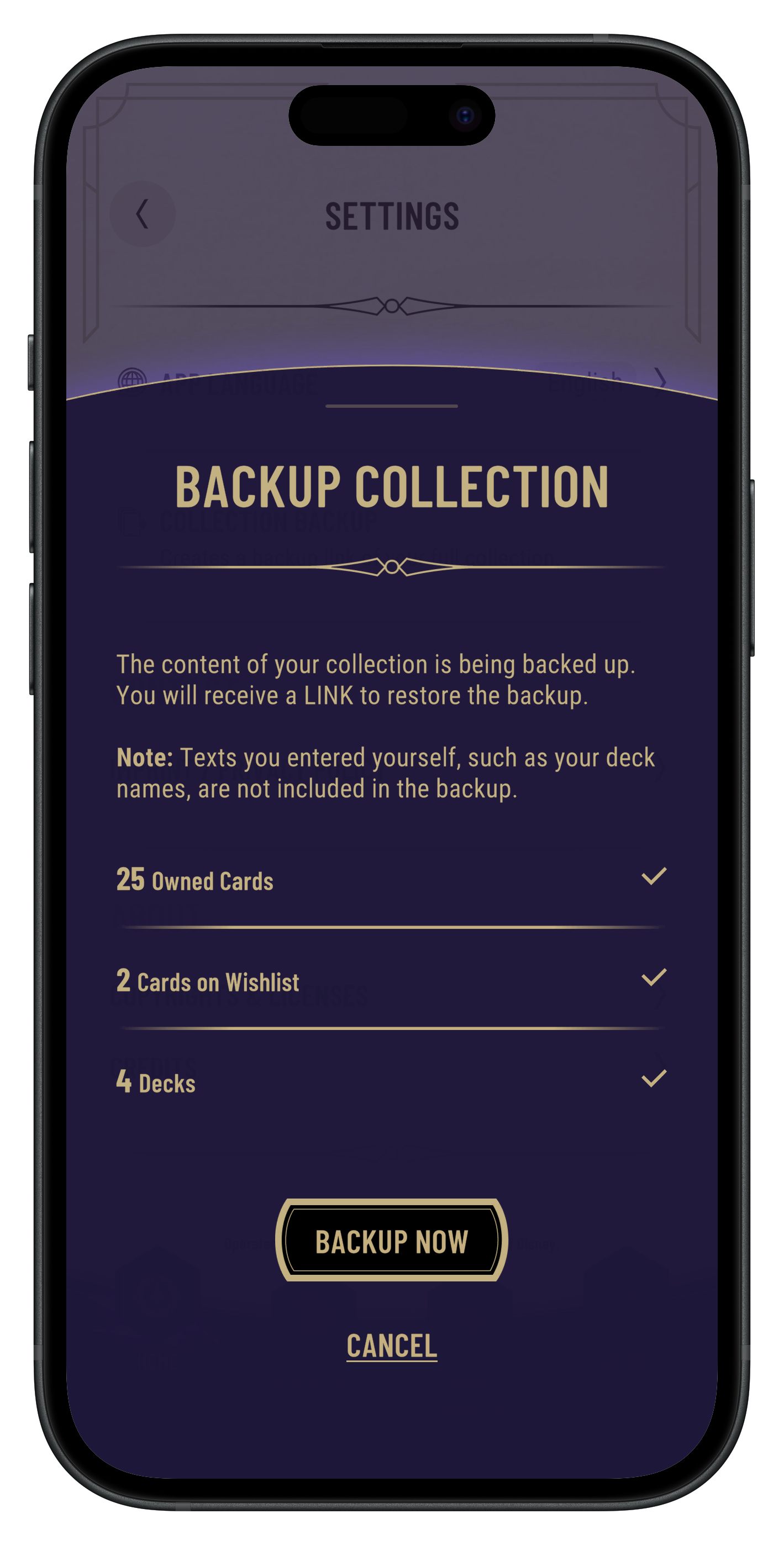 The official Disney Lorcana app's menu, with Collection backup highlighted