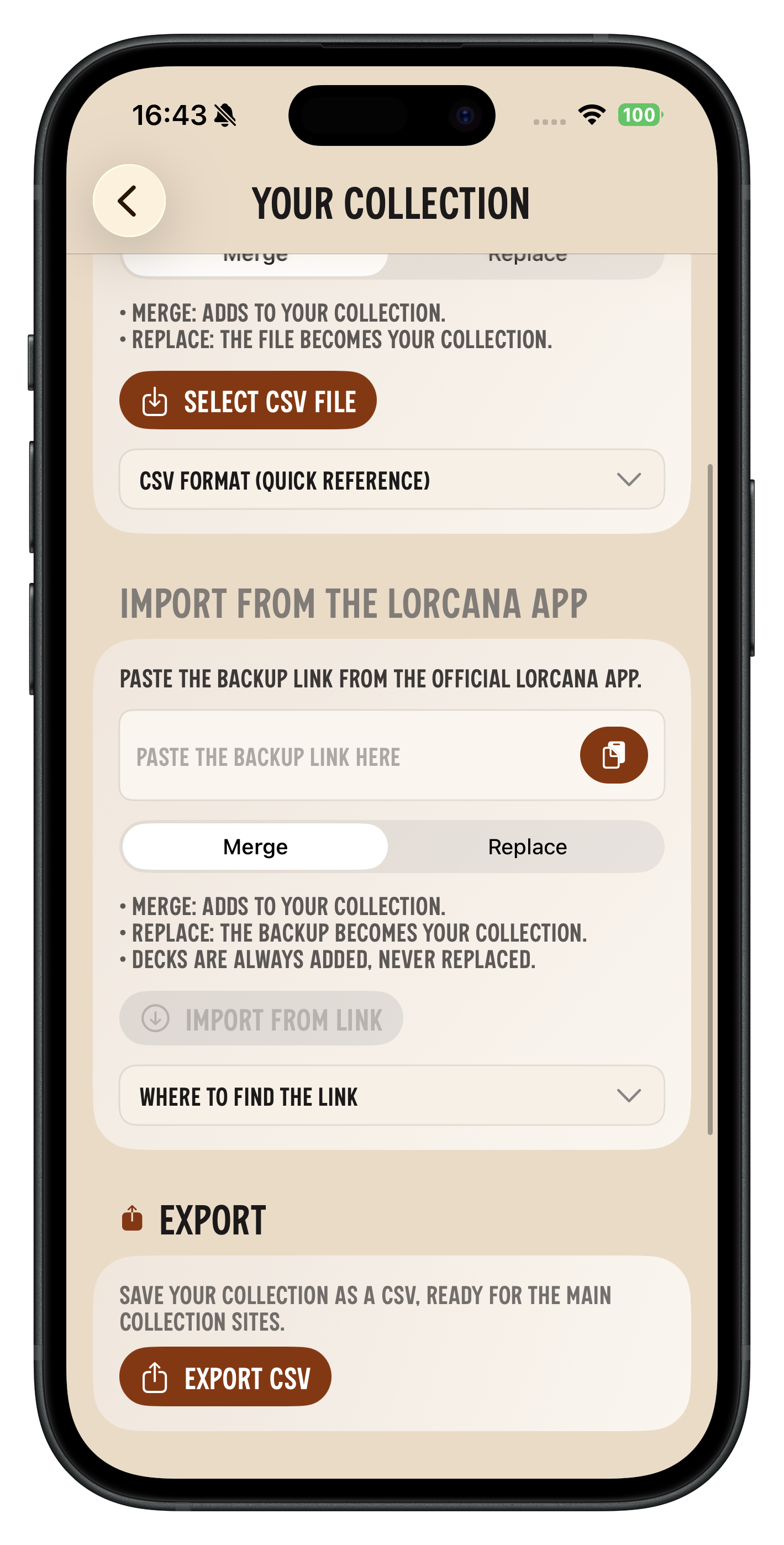 InkPocket's Your collection screen: the field where the Lorcana backup link goes, the Merge or Replace choice, and the import button
